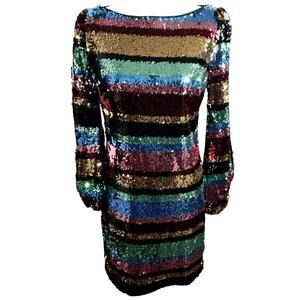 HARLYN NWT Women's XS Rainbow All Over Sequin Midi Dress Long Sleeve Party Shiny